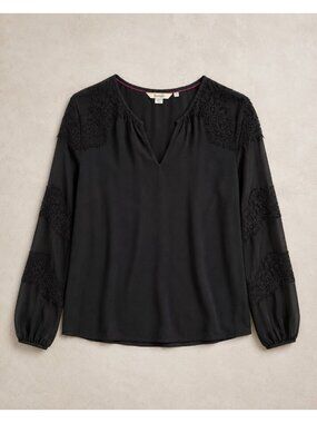 Boden Black Lace Insert Long Sleeve Blouse Size US 8 UK 12 Sheer Sleeves